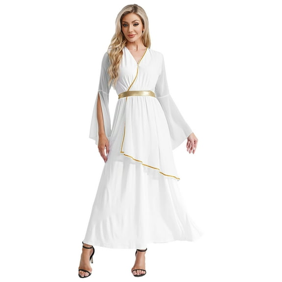 iiniim Womens Halloween Costume Roman V Neck Queen Princess Ancient Toga Gown Fancy Dress White L
