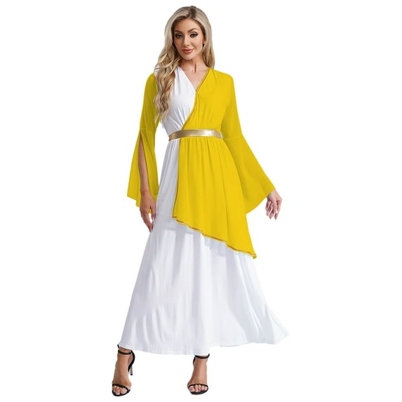 iiniim Womens Halloween Costume Roman V Neck Queen Princess Ancient Toga Gown Fancy Dress Yellow XL