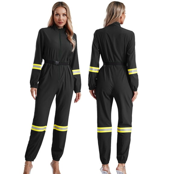 iiniim Womens Halloween Firefighter Cosplay Romper with Belt Long Sleeve Front Zipper Jumpsuit Clubwear Black S