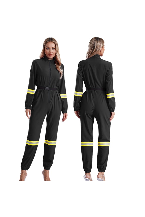 Womens Halloween Firefighter Cosplay Romper with Belt Long Sleeve Front Zipper Jumpsuit Clubwear Black XL