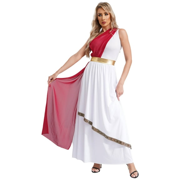 iiniim Womens Halloween Grecian Goddness Dress One Shoulder Ancient Greek Queen Toga Robe Burgundy M
