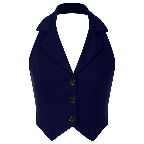 iiniim Womens Halter Sleeveless Backless Suit Waistcoat Notch Lapel Single Breasted Crop Vest Top Navy Blue L