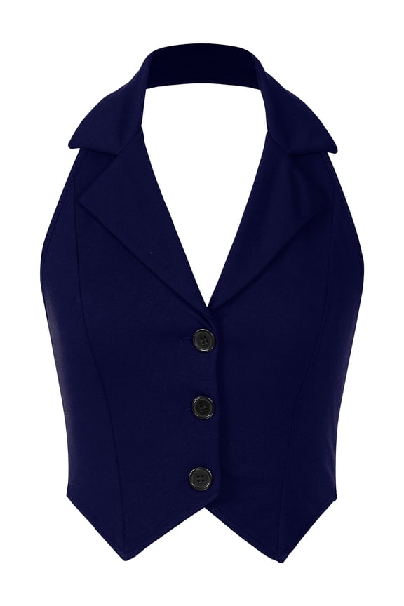 Womens Halter Sleeveless Backless Suit Waistcoat Notch Lapel Single Breasted Crop Vest Top Navy Blue S