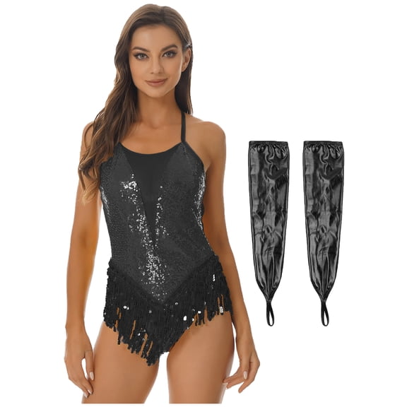 iiniim Womens Latin Dance Sparkly Sequins Leotard with Fringe Modern Jazz Dancewear Black L