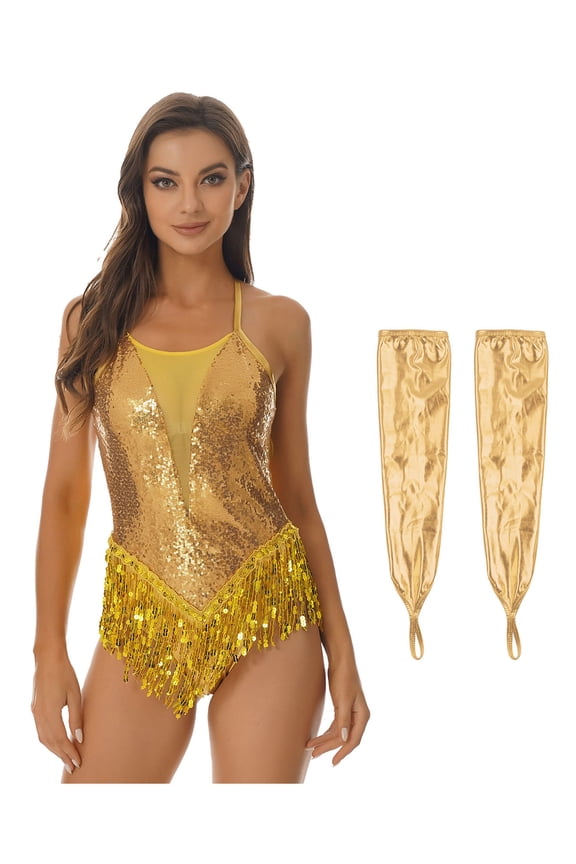 Womens Latin Dance Sparkly Sequins Leotard with Fringe Modern Jazz Dancewear Gold S