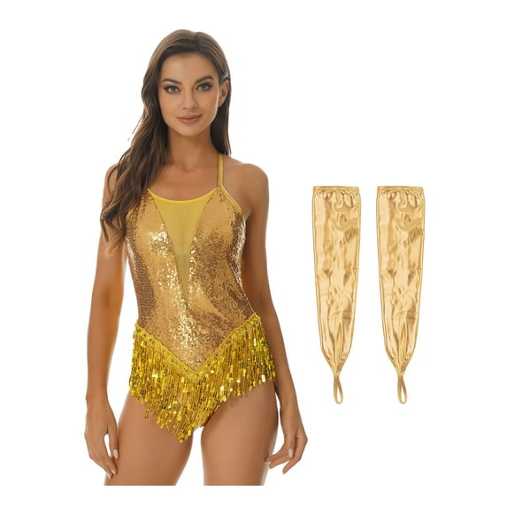 iiniim Womens Latin Dance Sparkly Sequins Leotard with Fringe Modern Jazz Dancewear Gold S