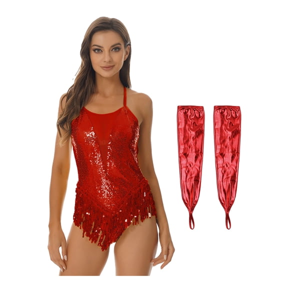 iiniim Womens Latin Dance Sparkly Sequins Leotard with Fringe Modern Jazz Dancewear Red L