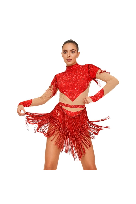 Womens Latin Tango Fringe Dance Dress Sparkly Rhinestone Sequin Tassel Bodysuits Chacha Dancewear Red S