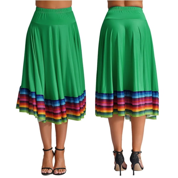 iiniim Womens Long Full Circle Folklorico Dance Skirts Spanish Bull Folkloric Mexican Flamenco Performance Green 75cm XXL