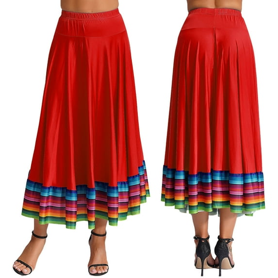 iiniim Womens Long Full Circle Folklorico Dance Skirts Spanish Bull Folkloric Mexican Flamenco Performance Red 87cm 3XL