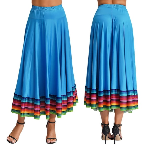 iiniim Womens Long Full Circle Folklorico Dance Skirts Spanish Bull Folkloric Mexican Flamenco Performance Sky Blue 87cm 5XL