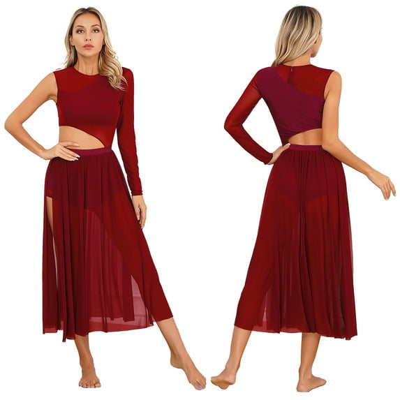iiniim Womens Lyrical Costume Side Split Sheer Mesh Dress One Sleeve Cutout Leotard Modern Dancewear Burgundy S