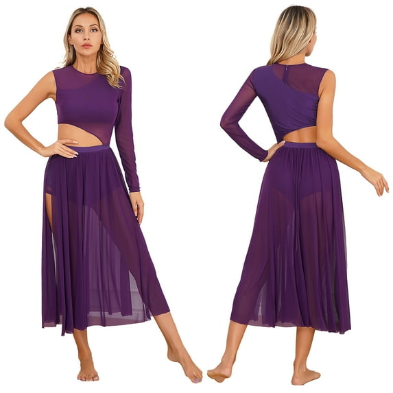 iiniim Womens Lyrical Costume Side Split Sheer Mesh Dress One Sleeve Cutout Leotard Modern Dancewear Purple XL