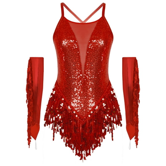 iiniim Womens Lyrical Latin Dance Bodysuit with Tassel Gloves Sequins Tango Jazz Performance Leotard Costume Red S