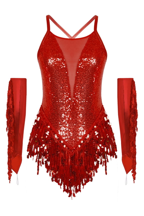 Womens Lyrical Latin Dance Bodysuit with Tassel Gloves Sequins Tango Jazz Performance Leotard Costume Red S