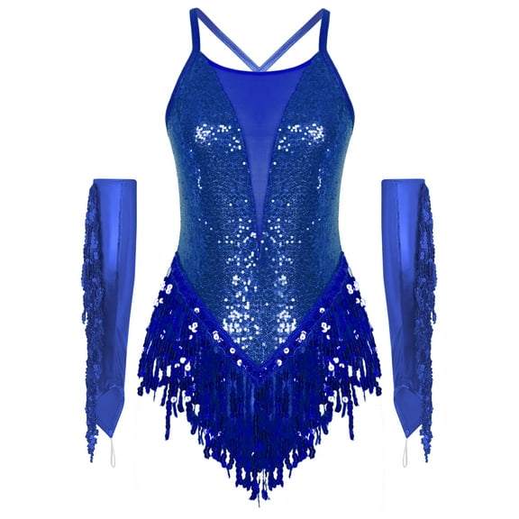 iiniim Womens Lyrical Latin Dance Bodysuit with Tassel Gloves Sequins Tango Jazz Performance Leotard Costume Royal Blue M