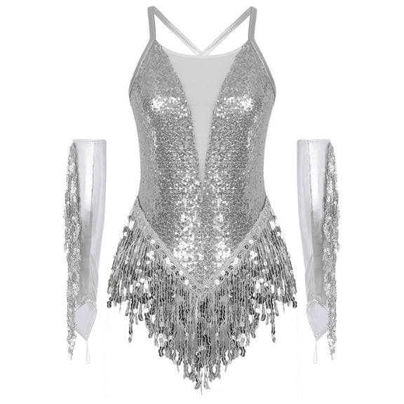 iiniim Womens Lyrical Latin Dance Bodysuit with Tassel Gloves Sequins Tango Jazz Performance Leotard Costume Silver M