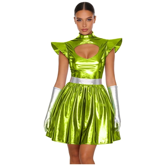 iiniim Womens Metallic Shiny Space Suit Flight Skater Dress with Gloves Outfit Alien Robot Green L