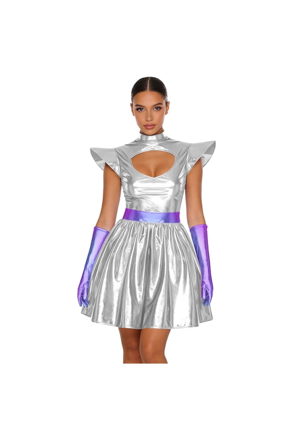 Womens Metallic Shiny Space Suit Flight Skater Dress with Gloves Outfit Alien Robot Silver 3XL