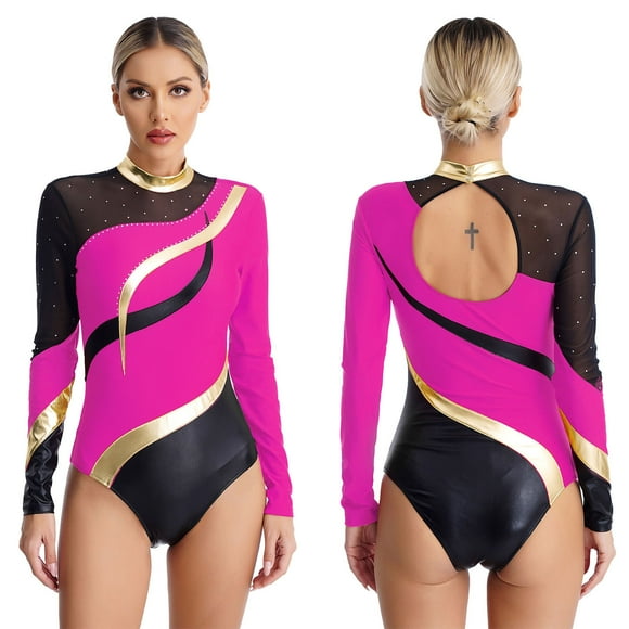 iiniim Womens Mock Neck Gymnastic Leotard Rhinestone Ballet Dance Unitard Hot Pink S