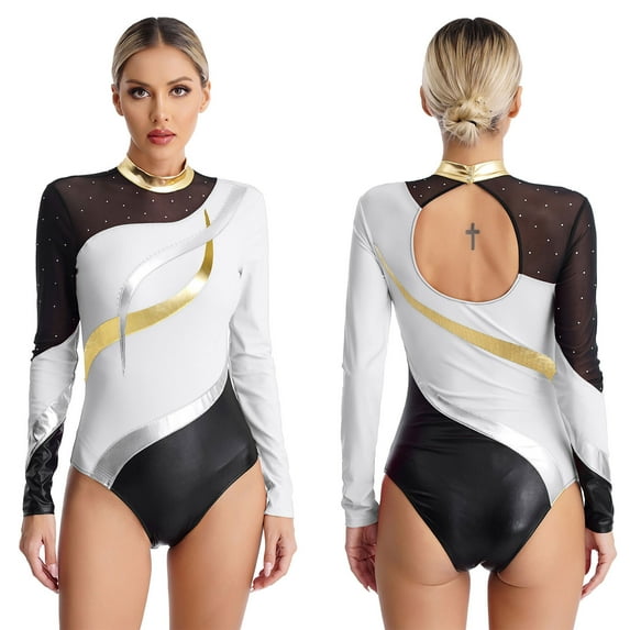 iiniim Womens Mock Neck Gymnastic Leotard Rhinestone Ballet Dance Unitard White M