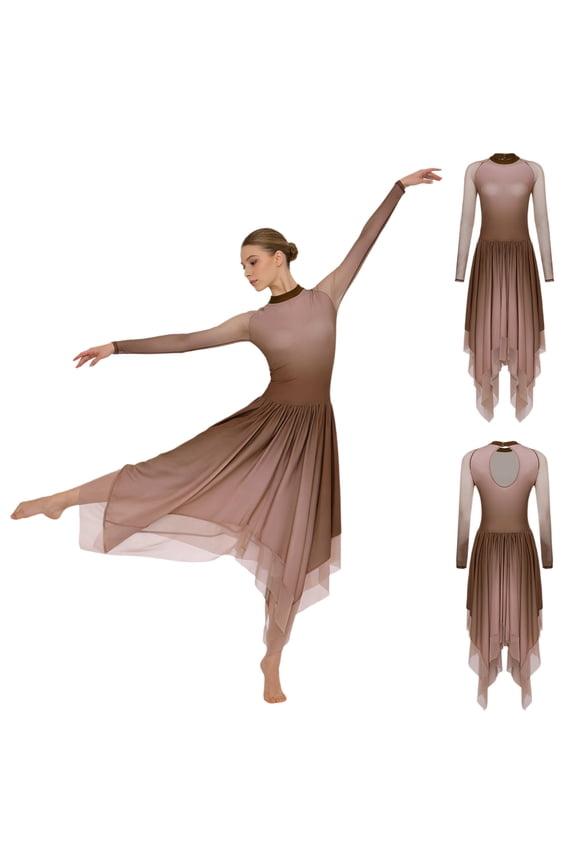 Womens Modern Dance Dress Gradient Color Mesh Long Sleeve Keyhole Back Leotard Brown L