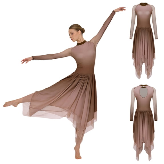 iiniim Womens Modern Dance Dress Gradient Color Mesh Long Sleeve Keyhole Back Leotard Brown S