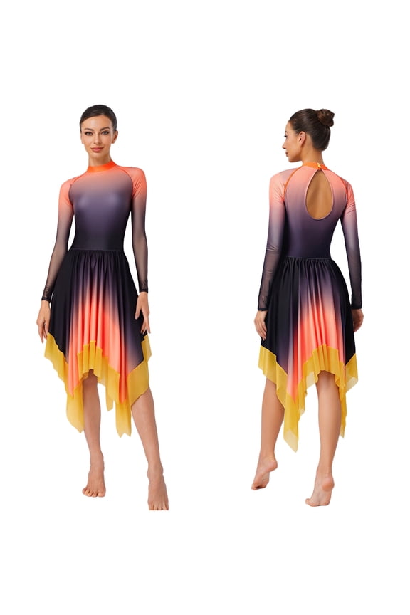 Womens Modern Dance Dress Gradient Color Mesh Long Sleeve Keyhole Back Leotard Orange S
