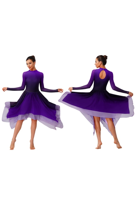 Womens Modern Dance Dress Gradient Color Mesh Long Sleeve Keyhole Back Leotard Purple S