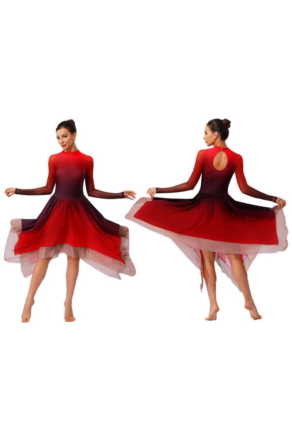 Womens Modern Dance Dress Gradient Color Mesh Long Sleeve Keyhole Back Leotard Red S