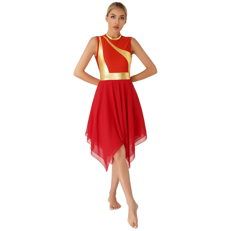 Sleeveless Color Block Ballet Modern Contemporary Lyrical Dance Dress  Asymmetrical Chiffon Leotard