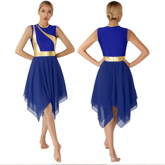 iiniim Liturgical Praise Dance Dress for Women Sleeveless Metallic Gold Color Block Lyrical Dancewear Royal Blue S