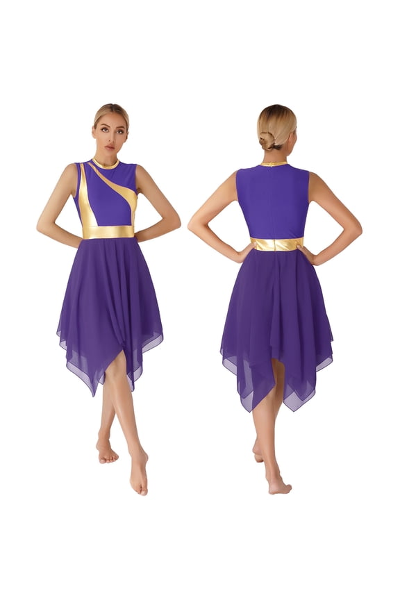Liturgical Praise Dance Dress for Women Sleeveless Metallic Gold Color Block Lyrical Dancewear Purple XL
