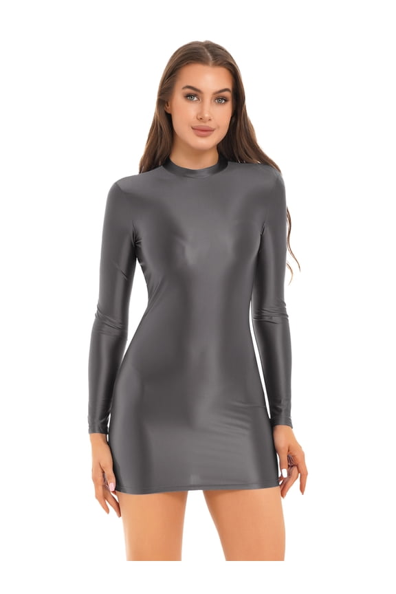 Womens Oil Glossy Long Sleeve Mock Neck Tight Party Micro Pencil Dress Dark_Gray M