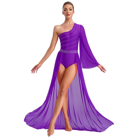 iiniim Womens One Shoulder Flared Sleeve Flowy Sheer Mesh Skirted Leotard Lyrical Dance Dress Purple XXL