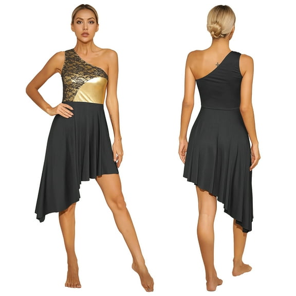 iiniim Womens One Shoulder Lace Patchwork Tunic Overlay Lyrical Dance Dress Black XL