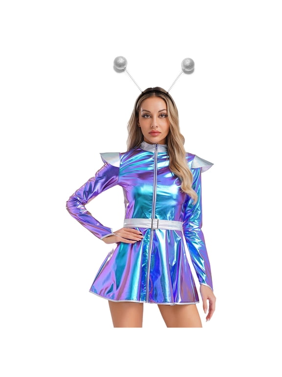 Womens Outer Space Cutie Alien Cosplay Long Sleeve Dress with Hair Hoop Outfits Blue M