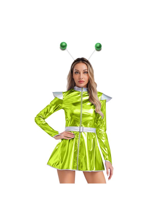 Womens Outer Space Cutie Alien Cosplay Long Sleeve Dress with Hair Hoop Outfits Green S