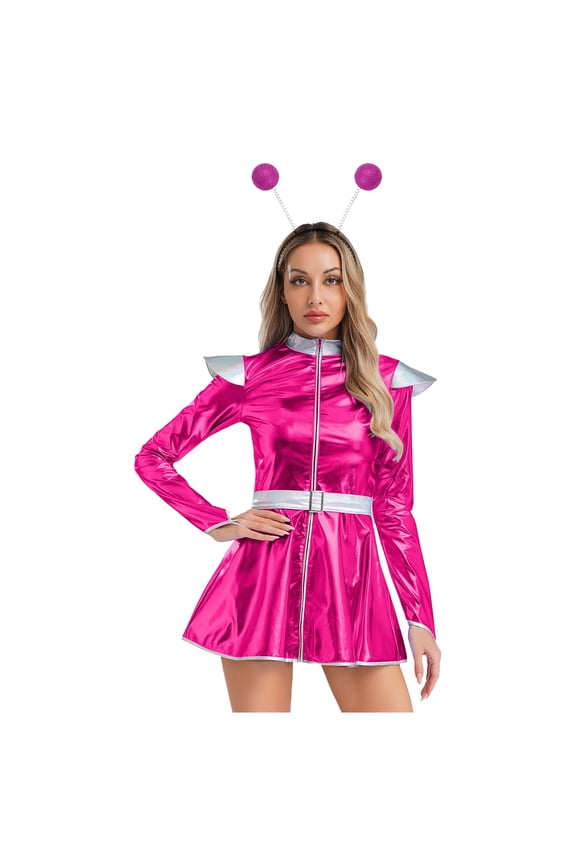 Womens Outer Space Cutie Alien Cosplay Long Sleeve Dress with Hair Hoop Outfits Hot Pink L