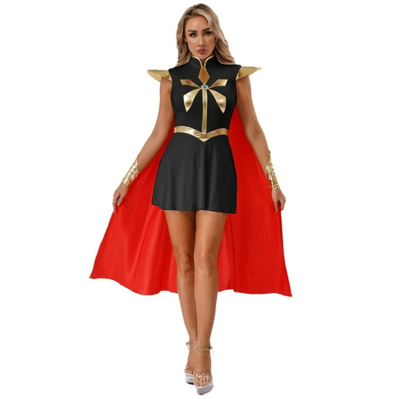 iiniim Womens Princess Cosplay Costumes with Red Cloak Cape for Halloween Party Black S