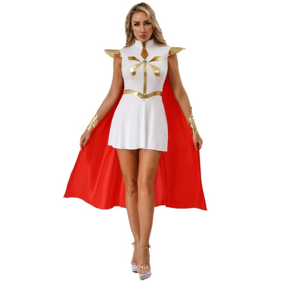 iiniim Womens Princess Cosplay Costumes with Red Cloak Cape for Halloween Party White 3XL