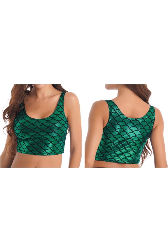 Womens Rave Festival Shiny Fish Scale Cropped Vest Sleeveless Tank Top Bustier Clubwear