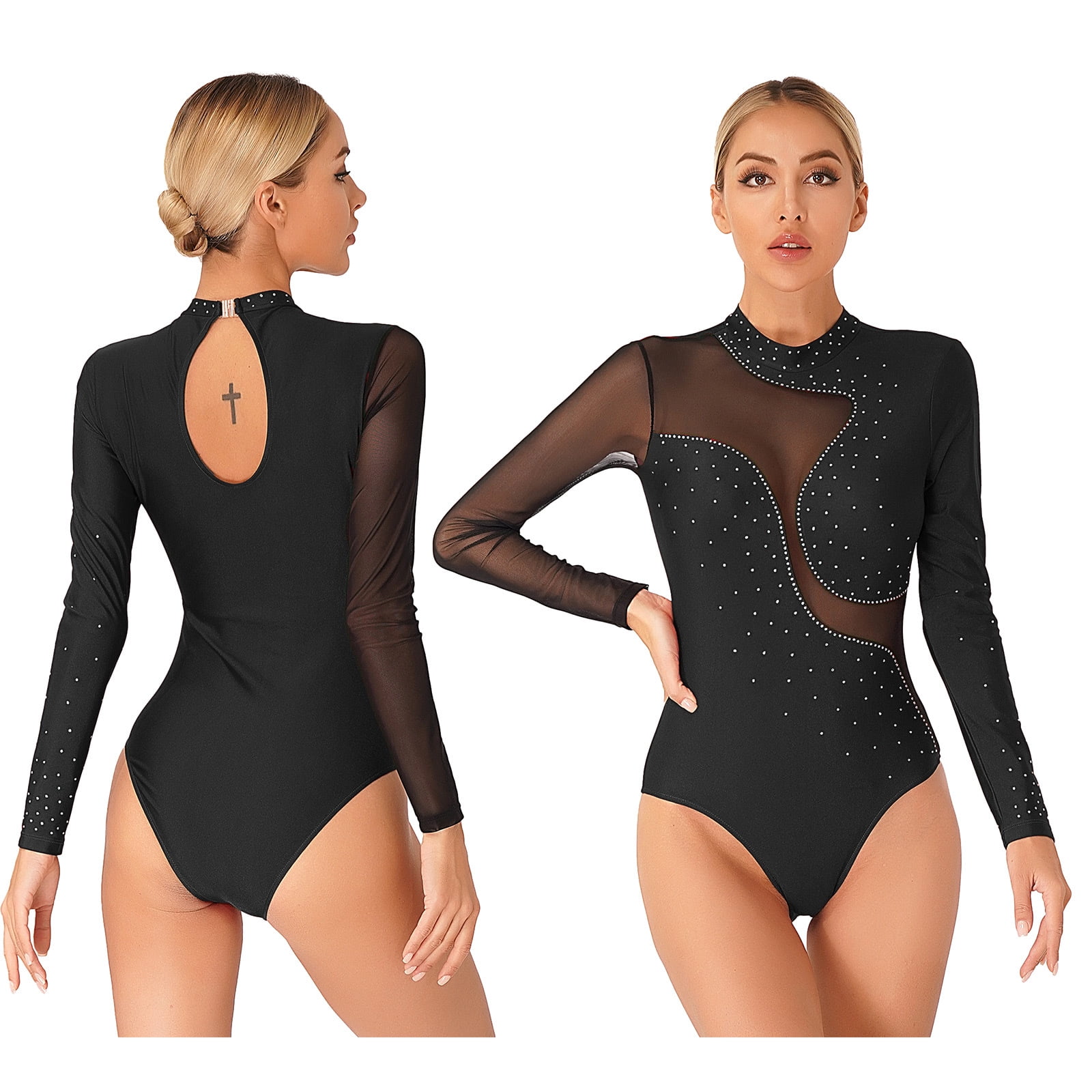 iiniim Womens Rhinestone Ballet Leotard Mesh Long Sleeve