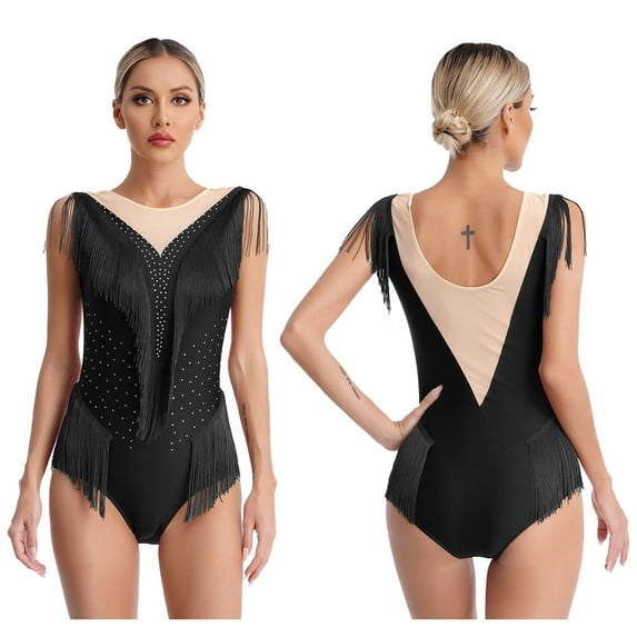 iiniim Womens Rhinestone Fringed Latin Tango Leotard Sleeveless Ballet Dance Bodysuit Gymnastic Dancewear Black XL