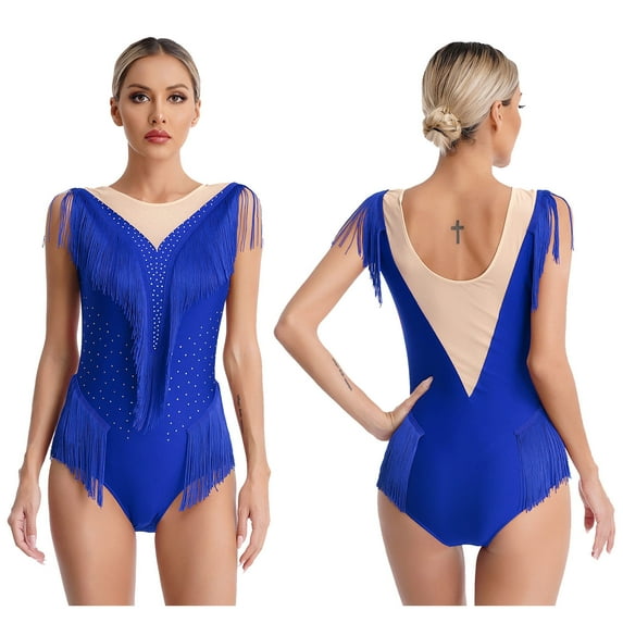 iiniim Womens Rhinestone Fringed Latin Tango Leotard Sleeveless Ballet Dance Bodysuit Gymnastic Dancewear Royal Blue M