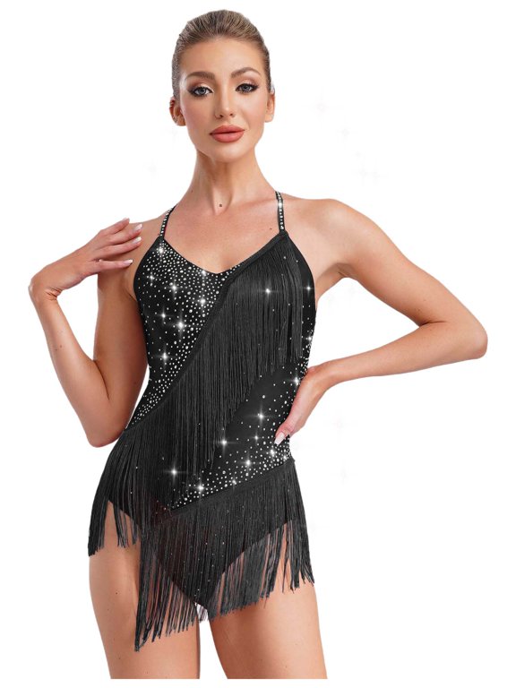 Womens Rhinestone Shiny Tassel Gymnastics Leotard Fringe Latin Jazz Cha Cha Dance Costume Black S