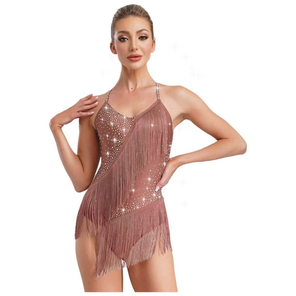 iiniim Womens Rhinestone Shiny Tassel Gymnastics Leotard Fringe Latin Jazz Cha Cha Dance Costume Dusty Pink XXL