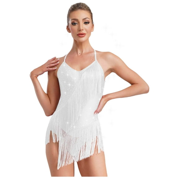 iiniim Womens Rhinestone Shiny Tassel Gymnastics Leotard Fringe Latin Jazz Cha Cha Dance Costume White M