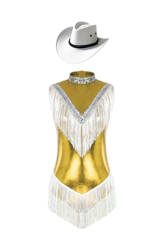 Womens Sequins Fringed Latin Dance Costume Shiny Sequins Leotard Bodysuit with Hat Gold S