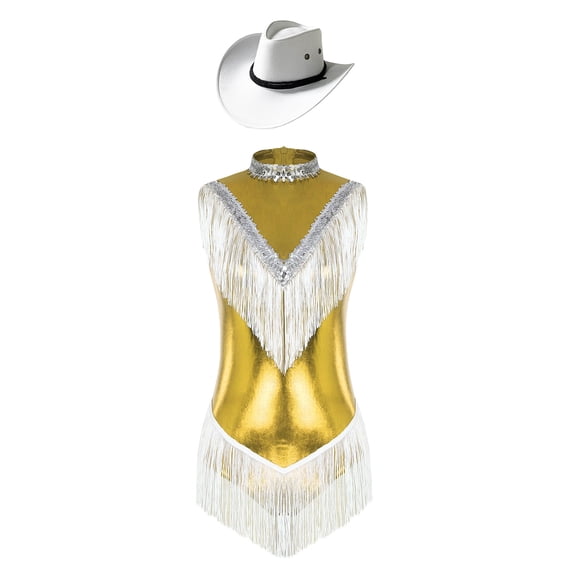 iiniim Womens Sequins Fringed Latin Dance Costume Shiny Sequins Leotard Bodysuit with Hat Gold XL